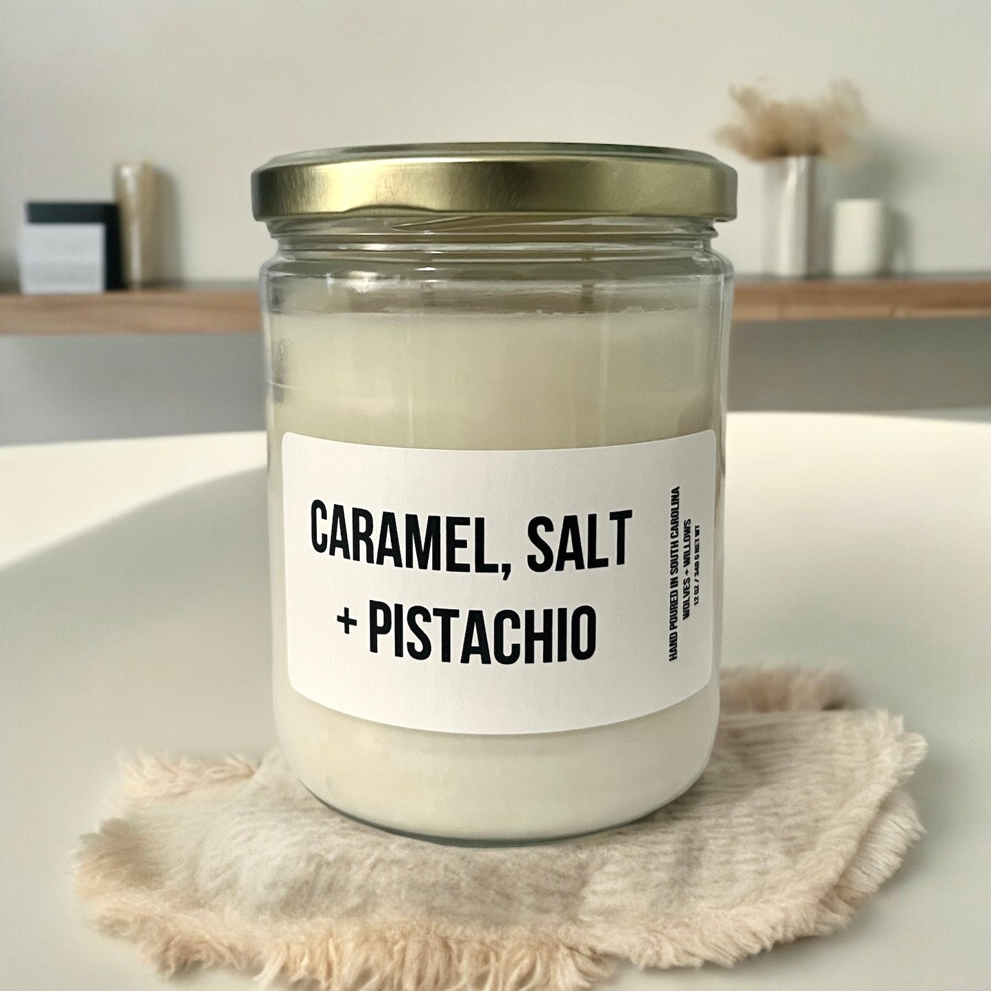 12oz Caramel, Salt, and Pistachio Scented 100% Soy Candle
