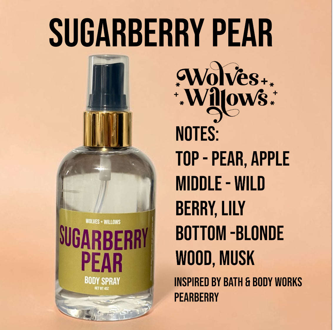 Body spray bottle labeled 'Sugarberry Pear' with product description on a peach background