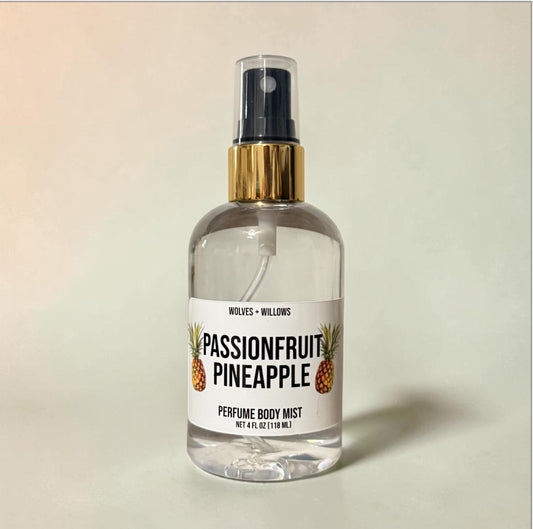 Passionfruit pineapple perfume body mist bottle on a beige background