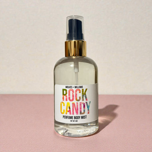 Clear spray bottle labeled 'Rock Candy' on a pink background