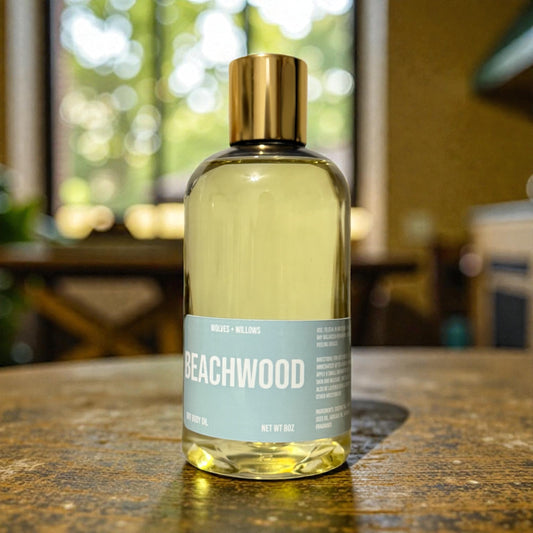 Bottle of Beachwood product on a wooden surface with a blurred background