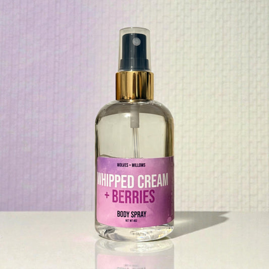 Body spray bottle with pink label on a light background