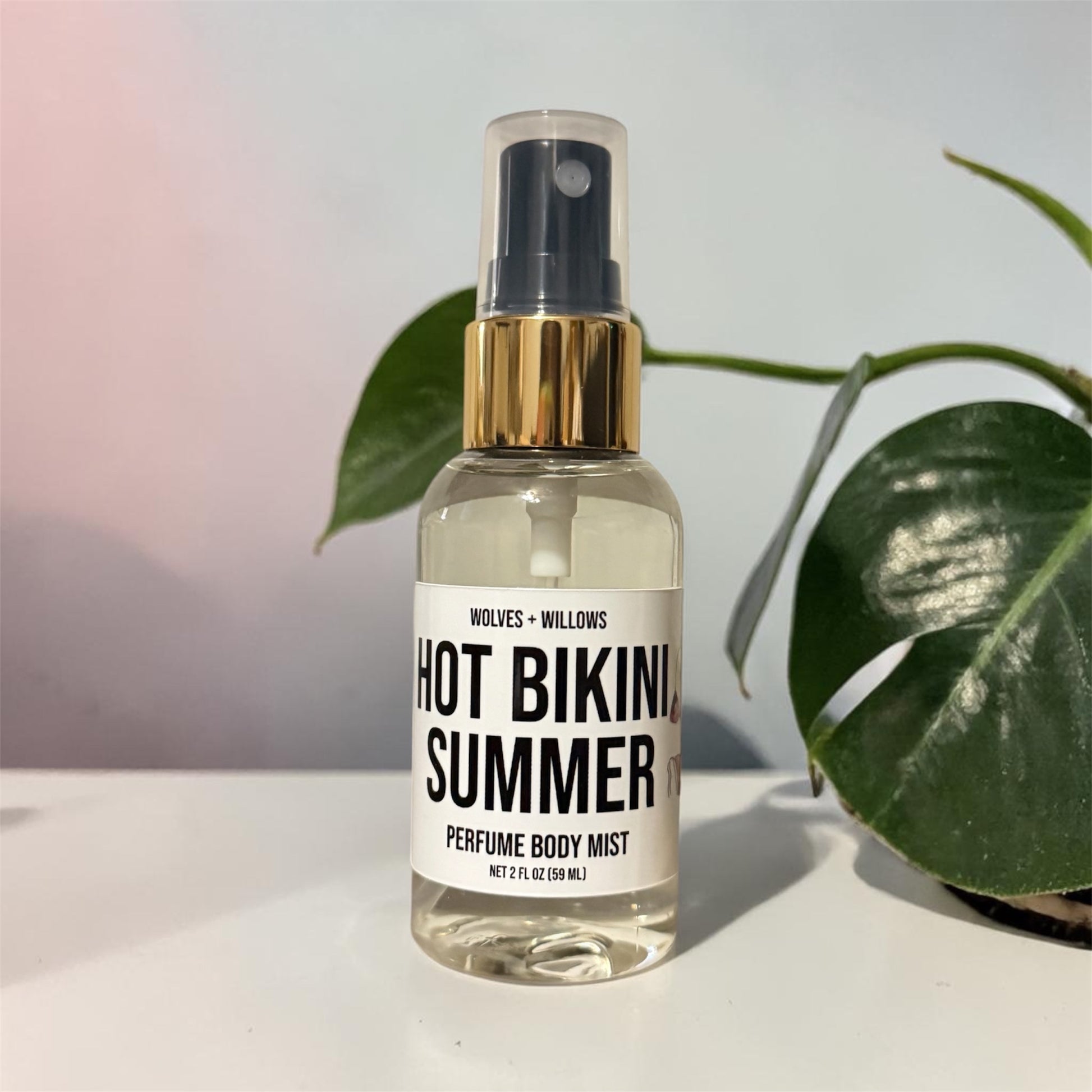 Perfume body mist bottle labeled 'Hot Bikini Summer' by Wolves & Willows on a light background with a leaf.