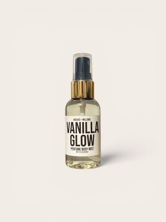 Vanilla Glow perfume body mist bottle on a white background