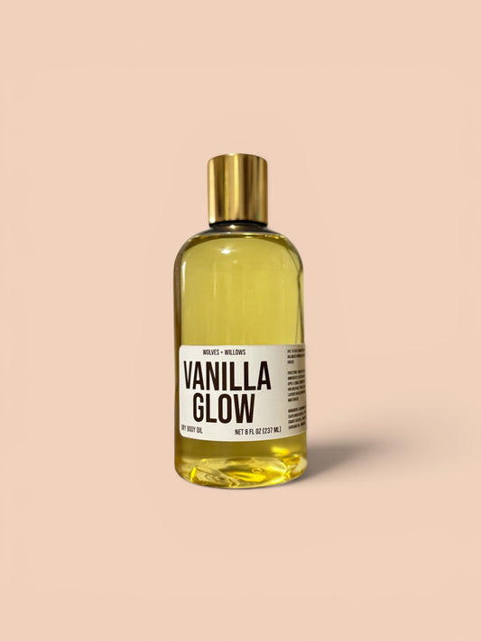 Bottle of Vanilla Glow product on a beige background