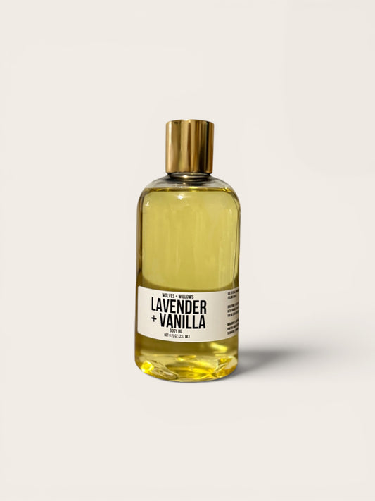 Bottle of lavender and vanilla essential oil on a white background