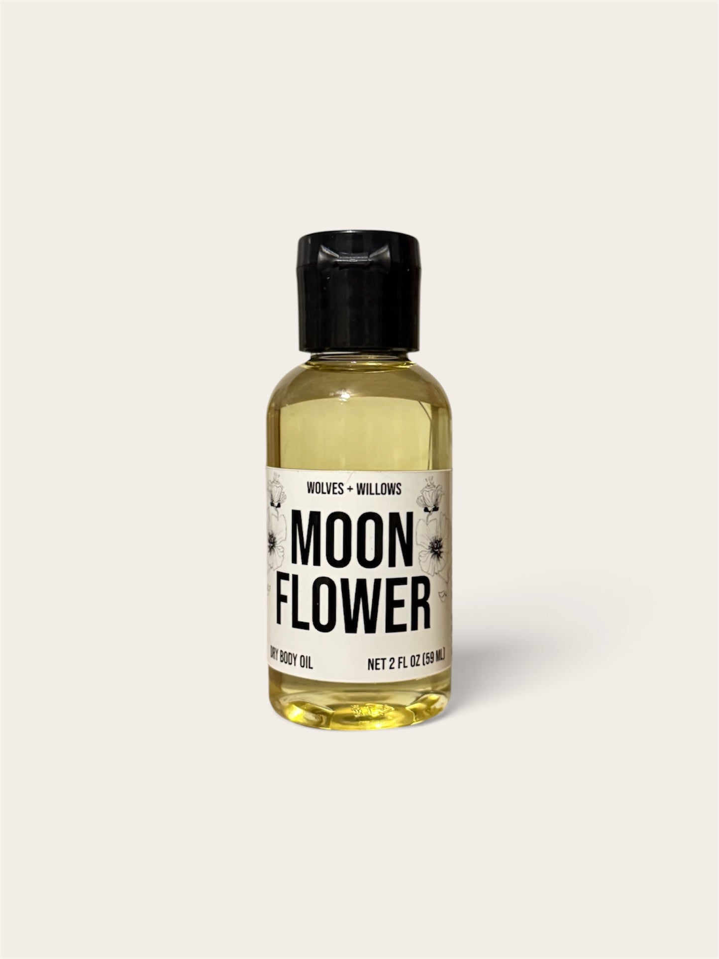 A 2 fl oz bottle of Wolfies + Willows Moon Flower body oil, featuring a clear bottle filled with pale yellow oil, a black cap, and a white label with black text, set against a solid off-white background.