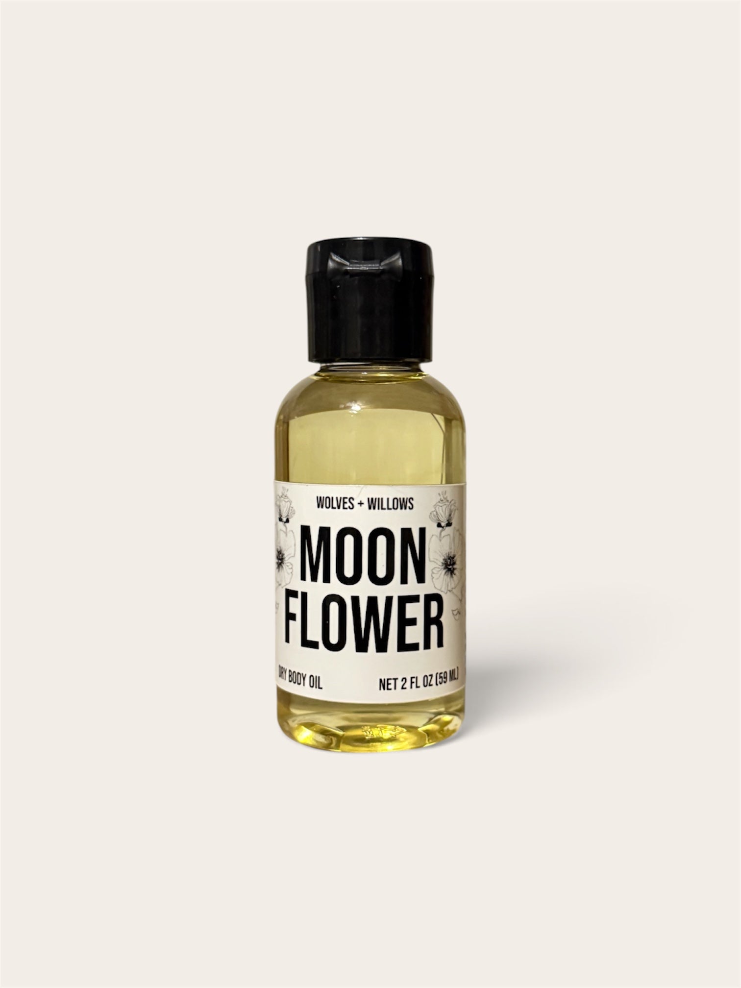 A 2 fl oz bottle of Wolfies + Willows Moon Flower body oil, featuring a clear bottle filled with pale yellow oil, a black cap, and a white label with black text, set against a solid off-white background.