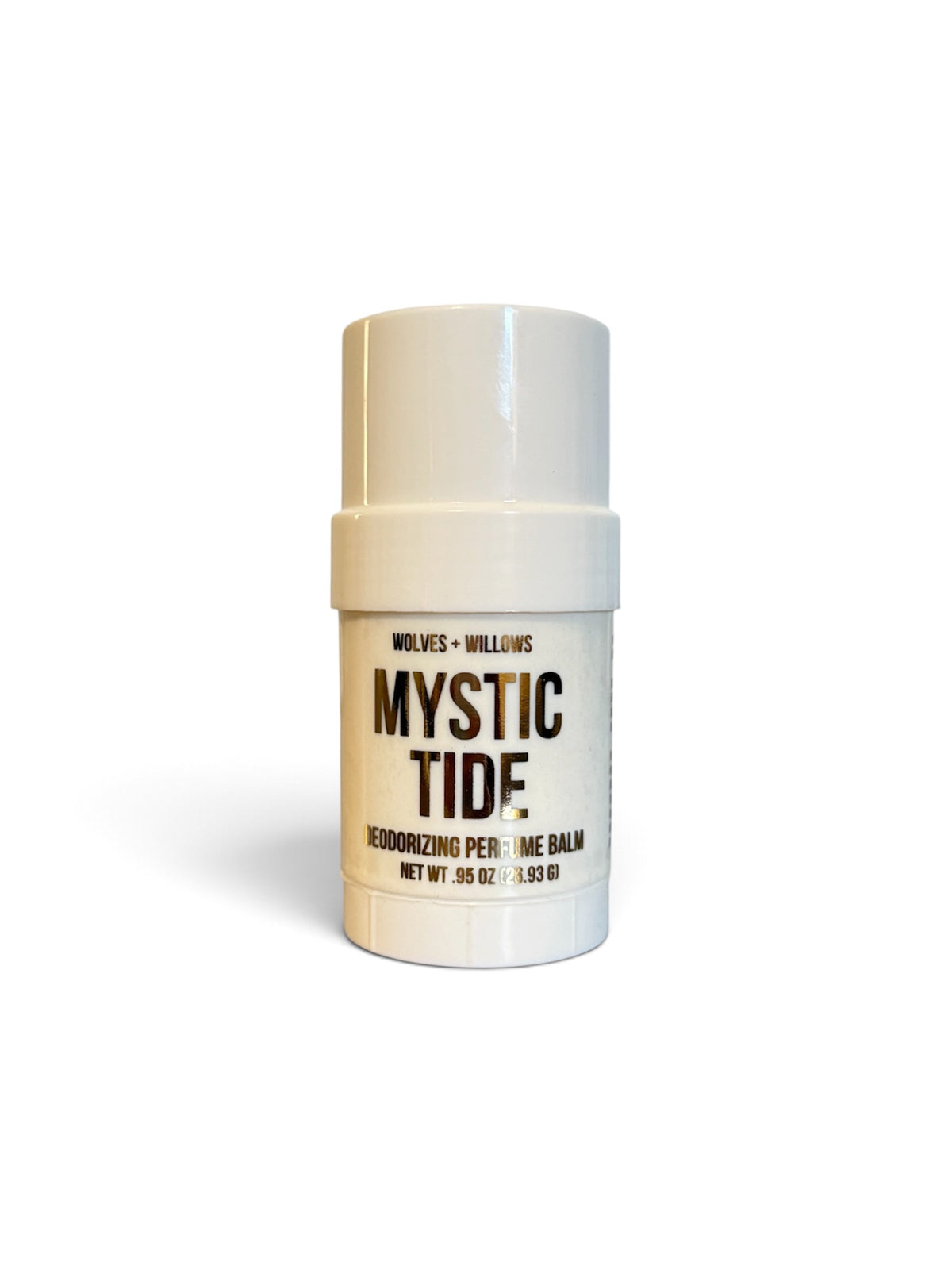 A white cylindrical deodorant stick container with a matching white cap, featuring a white label with black text that reads 'MYSTIC TIDE' and smaller text 'MOLYVES x WILLIAMS' and 'DEODORING PERMINE BALM'.