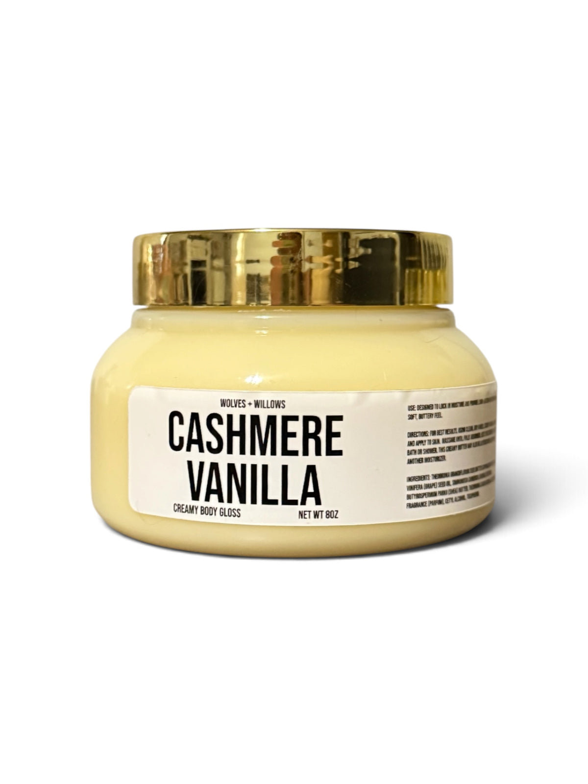 cashmere vanilla body butter in 8oz jar with white label and gold lid.