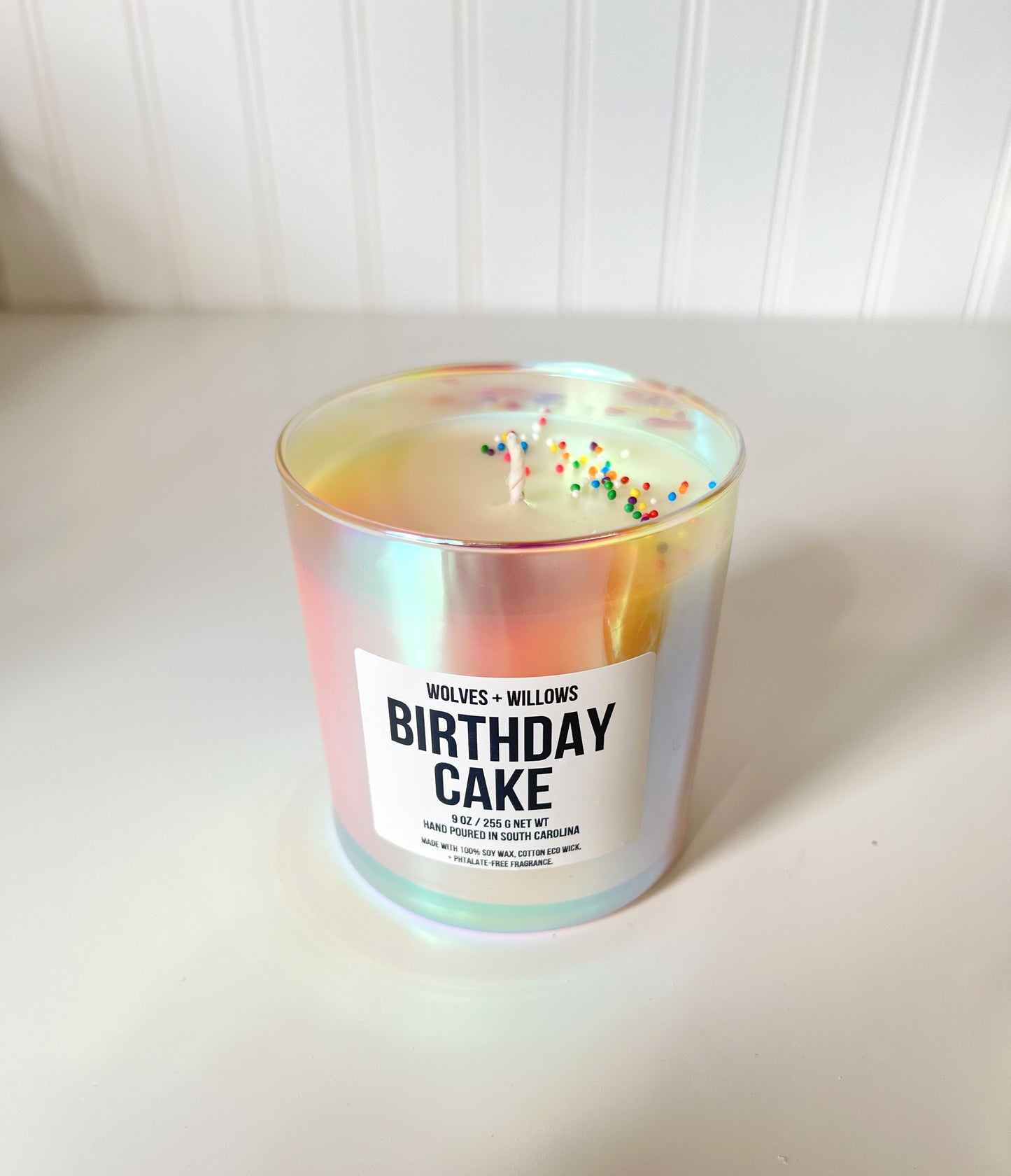 Birthday Cake Candle in Iridescent Jar with Gold lId