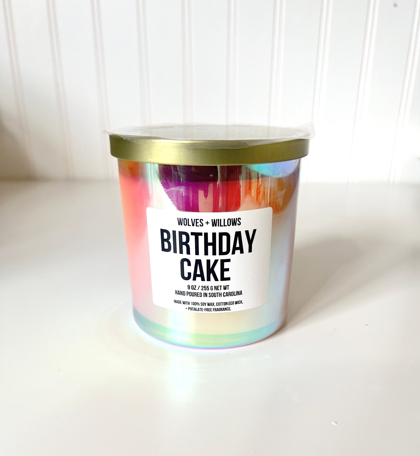 Birthday Cake Candle in Iridescent Jar with Gold lId